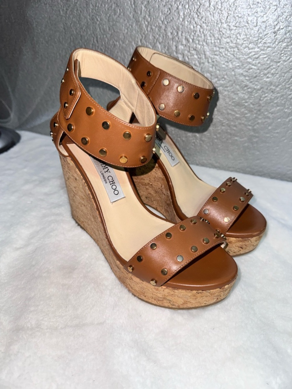 Jimmy Choo Brown Leather Studded Cork Wedges